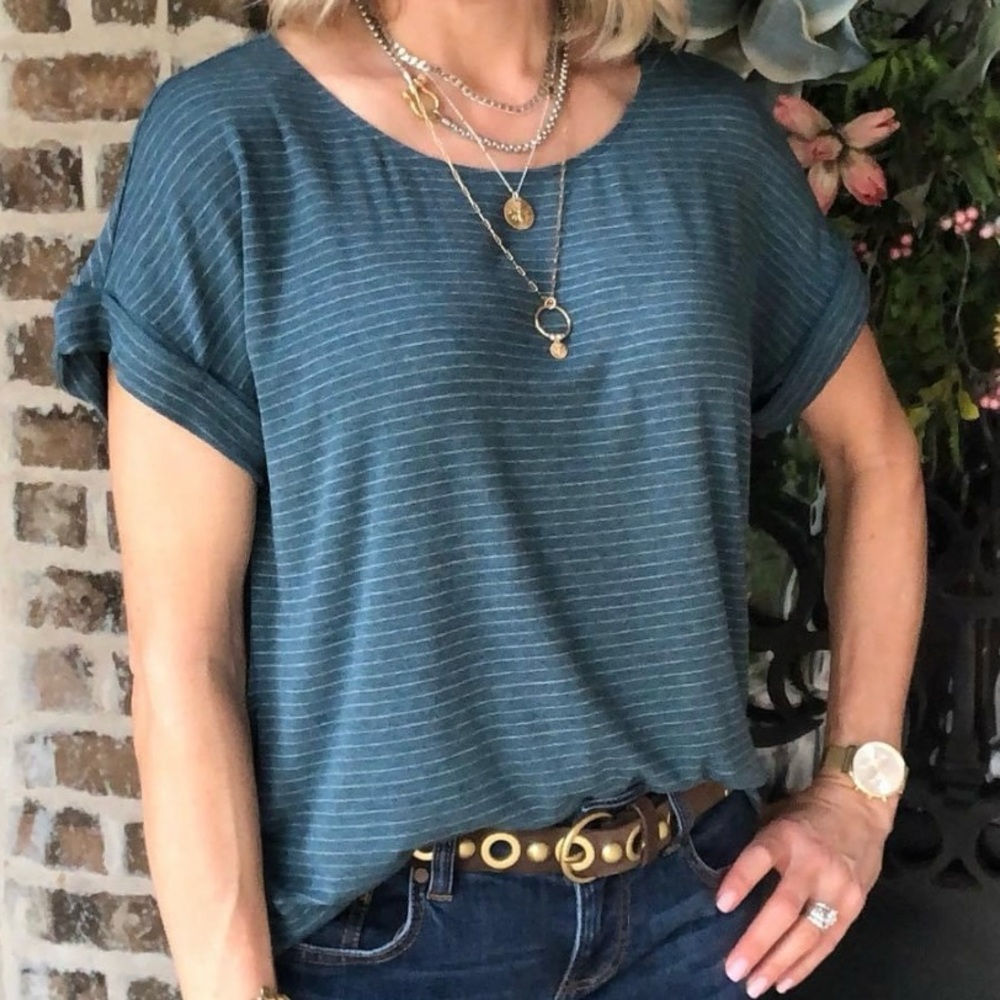 Cabi groove tee cuffed short sleeve crewneck green striped teal XS